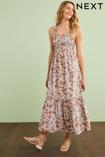 Brown Floral Cotton Maxi Shirred Dress (D53785) | £38