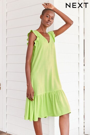Lime Green Ruffle Sleeve Tie Back Mini Dress With Linen (D53791) | £26