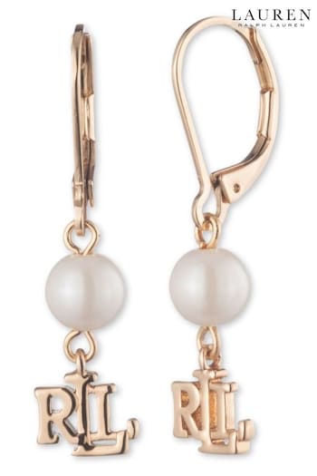 Gold Lauren Ralph Lauren Pearl and Logo Drop Earrings (D53922) | £50