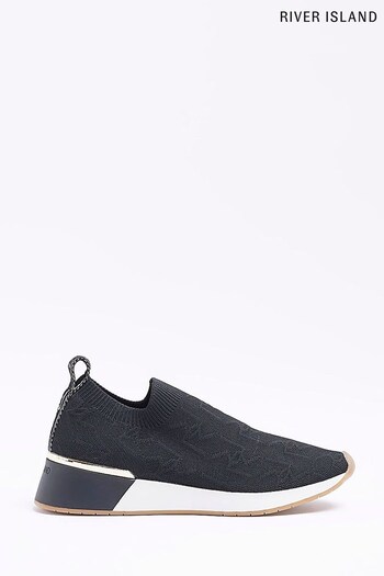 River Island Black Embossed Knitted Runner Trainers (D54041) | £39