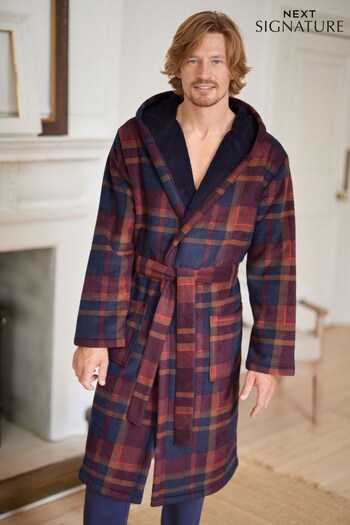 Red/Navy Blue Check Signature Borg Lined Dressing Gown (D54060) | £45
