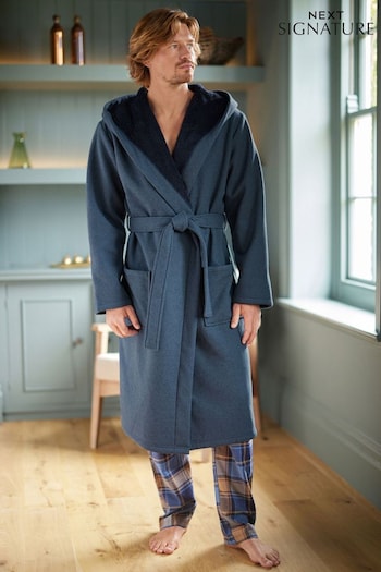 Navy Blue Herringbone Signature Borg Lined Dressing Gown (D54064) | £48