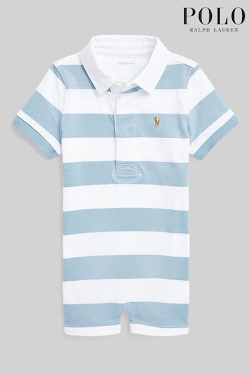 Polo Ralph Lauren Baby Blue And White Stripe Logo Polo Romper (D54496) | £65