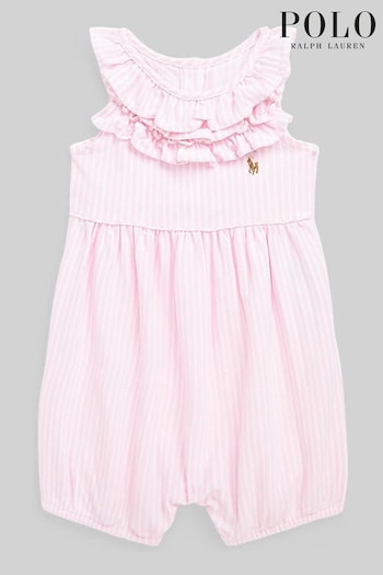 Polo Ralph Lauren Baby Pink Pinstripe Ruffle Logo Romper (D54500) | £59
