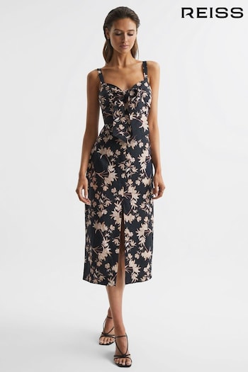 Reiss Black/Blush Aleen Floral Print Linen Midi Dress (D54758) | £60