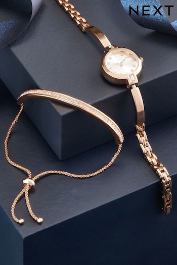 Rose Gold Tone Sparkle Dial Watch And Bangle Set (D54947) | £48