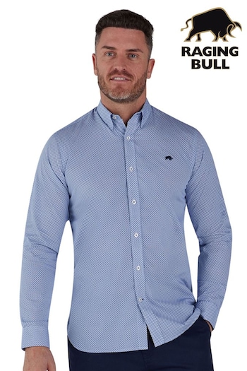 Raging Bull Blue Long Sleeve Cotton Poplin Micro Geo Print Shirt (D55202) | £69 - £79