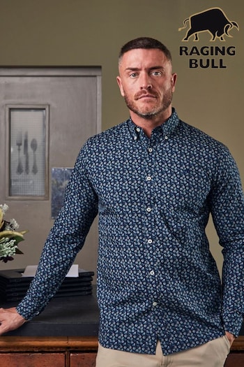 Raging Bull Blue Long Sleeve Cotton Poplin Daisy Print Shirt (D55203) | £69 - £79