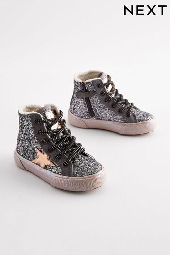 Pewter Grey Glitter Glitter Fleece Lined Lace-Up High Top Trainers (D55443) | £24 - £26