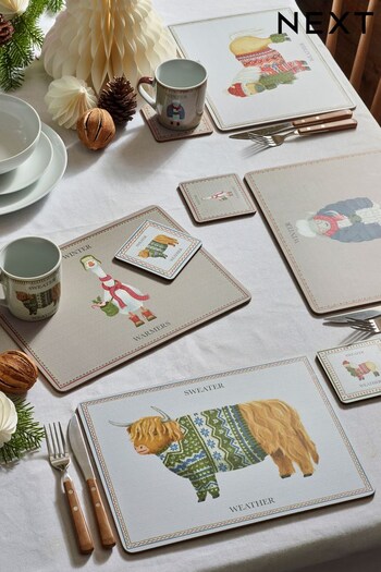 Set of 4 Natural Christmas Animal Placemats and Coasters (D55871) | £18