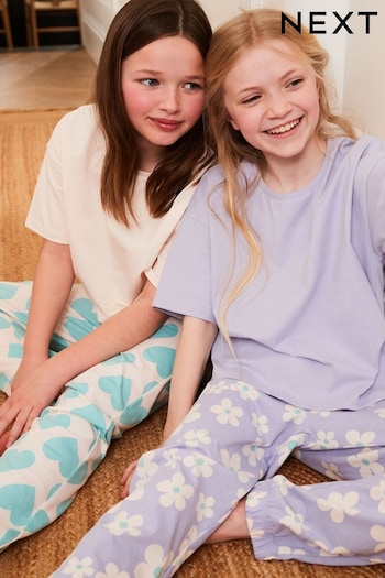 Purple Lilac Blue Daisy Heart Pyjamas 2 Packs (3-16yrs) (D56111) | £19 - £25