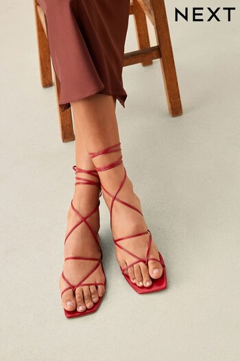 Red Signature Leather Ankle Wrap Flat Sandals (D56141) | £52