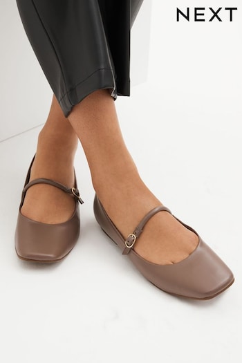 Taupe Signature Leather Mary Jane Flat Shoes (D56384) | £44