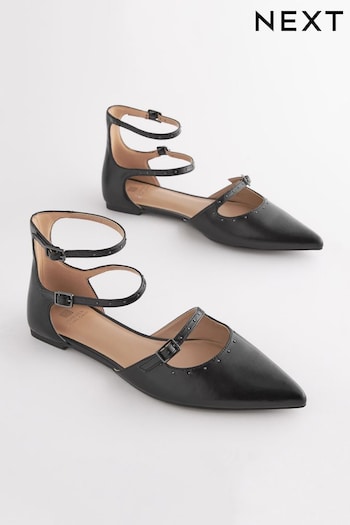 Black Forever Comfort® Point Toe Studded Strap Flat Sintetico Shoes (D56537) | £42