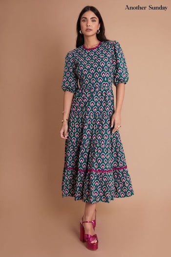 Another Sunday Tiered Midi Smock Dress With Puff Sleeves In Green (D56575) | £70