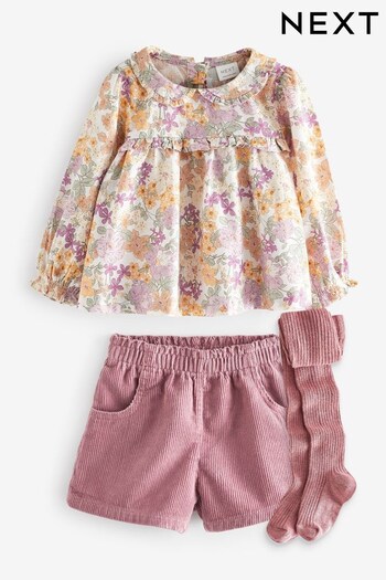 Pink Corduroy white Shorts, Blouse & Tights 3 Piece Set (3mths-7yrs) (D56597) | £25 - £29