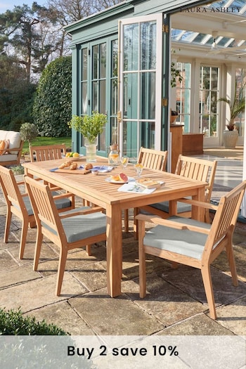 Laura Ashley Natural Garden Salcey Teak Dining Set With Saunton Dove Grey Dining Pads (D56642) | £3,900