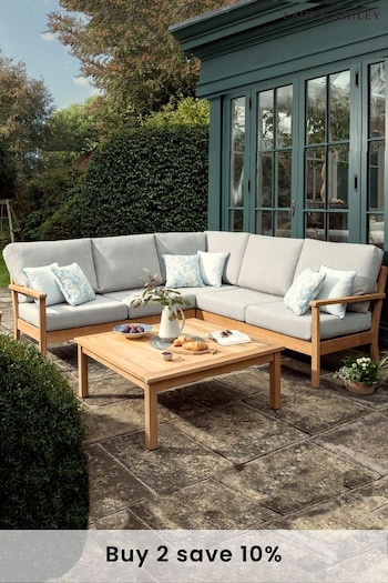 Laura Ashley Natural Garden Salcey Teak Corner Sofa Lounging Set with Seat Cushions (D56660) | £3,250
