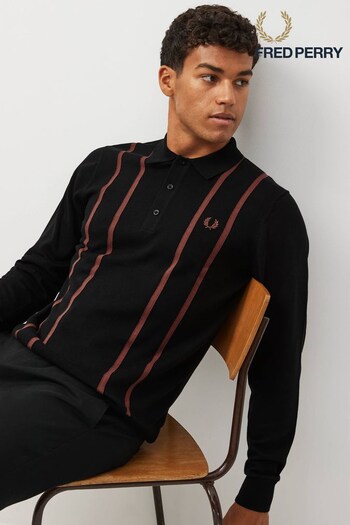 Fred Perry Panelled Long Sleeve Knitted Black Polo manches Shirt (D57052) | £140