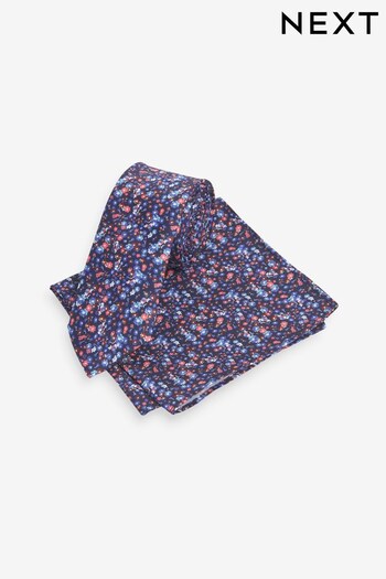 Navy Blue Ditsy Floral Slim Tie And Pocket Square Set (D57078) | £16