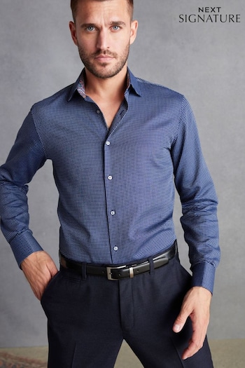Navy Blue Slim Fit Double Cuff Signature Textured Trimmed Formal Shirt (D57401) | £44