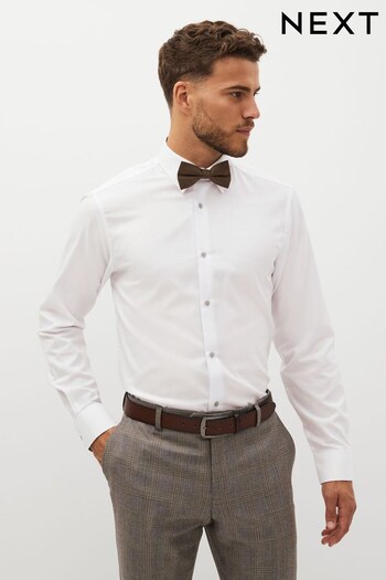 White/Brown Herringbone Shirt And Bow Tie Set (D57447) | £34