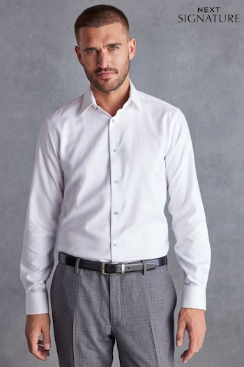 White Herringbone Signature Trimmed Single Cuff Shirt (D57450) | £42