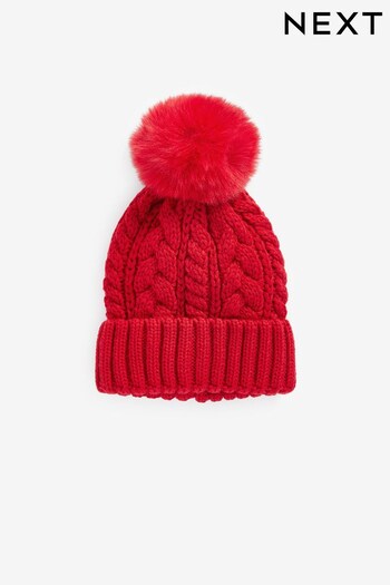 Red Cable Knit Pom Pom Beanie Hat (3mths-16yrs) (D57494) | £6 - £10