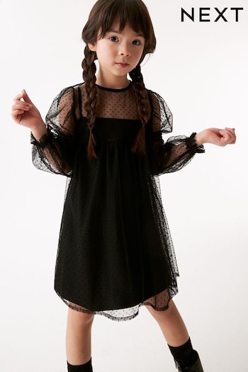Black Shirred Mesh Dress (3-16yrs) (D58176) | £22 - £28
