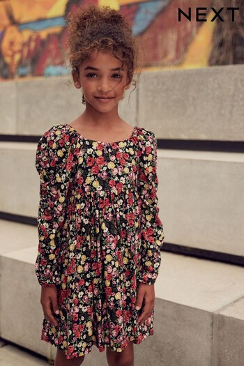 Black Floral Printed Ruched Sleeve Dress (3-16yrs) (D58185) | £17 - £22