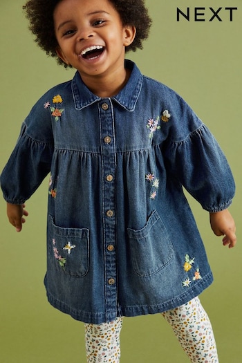 Blue Denim Floral Embroidered Dress embellished And Leggings Set (3mths-7yrs) (D58235) | £22 - £26