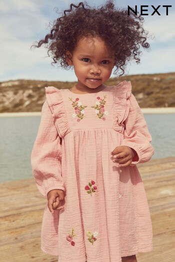 Pink Embroidered Cotton Dress (3mths-8yrs) (D58240) | £17 - £23