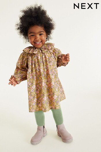 Pink/Green Floral Ruffle Collar Dress And Tights Set (3mths-8yrs) (D58839) | £18 - £24