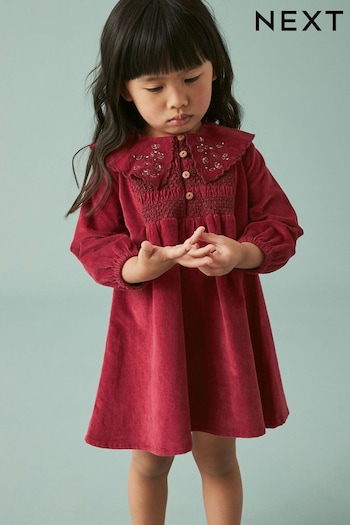 Berry Red Embroidered Collar Corduroy Dress (3mths-7yrs) (D58843) | £21 - £25