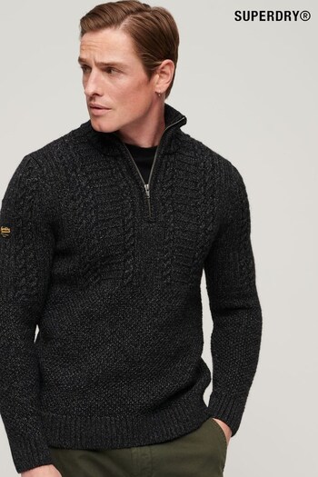 Superdry Black Wool Blend Cable Henley Jumper (D59021) | £65