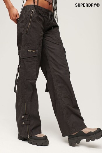 Superdry Black Low Rise Wide Leg Cargo Trousers shirred (D59073) | £60