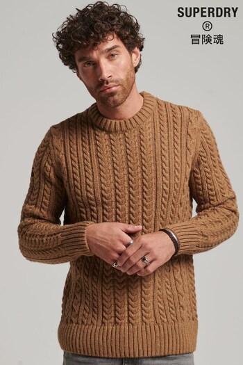 Superdry Brown Wool Blend Cable Crew Neck Jumper (D59104) | £55