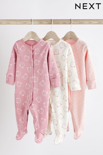 Pink Cotton Baby Sleepsuits 3 Pack (0-2yrs) (D59319) | £15 - £17