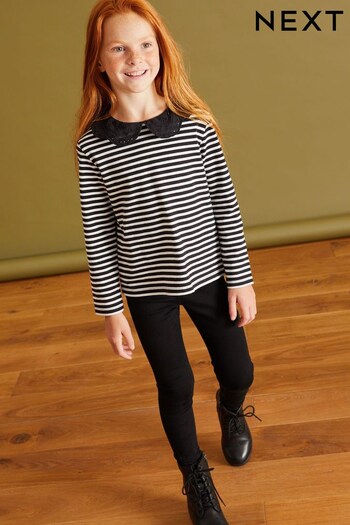 Black/White Stripe Broderie Collar Long Sleeve T-Shirt (3-16yrs) (D60195) | £10 - £15
