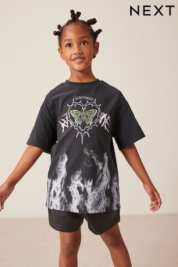 Black Butterfly Oversized Graphic T-Shirt (3-16yrs) (D60231) | £10 - £15