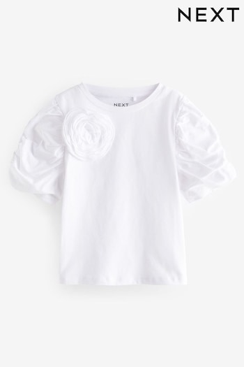 White Corsage Puff Sleeve T-Shirt (3-16yrs) (D60312) | £16 - £21