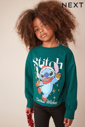 Green Lilo & Stitch Christmas Sequin Long Sleeve T-Shirt (3-16yrs) (D60388) | £15 - £20