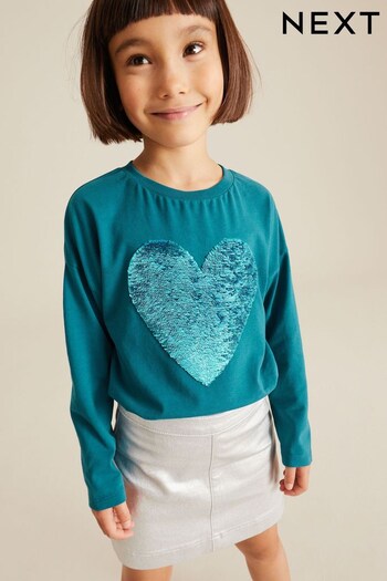 Teal Blue Long Sleeve Sequin Heart T-Shirt (3-16yrs) (D60537) | £11 - £16