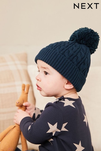 Navy Blue Cable Baby Knitted Pom Hat (0mths-2yrs) (D61165) | £6