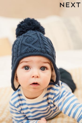 Navy Blue Knitted Baby Trapper Pom Hat (0mths-2yrs) (D61168) | £8
