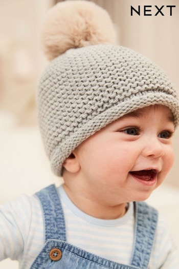 Grey Knitted Baby Pom Hat (0mths-2yrs) (D61200) | £6