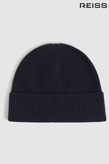 Reiss Navy Chaise Merino Wool Ribbed Beanie Hat (D61617) | £48