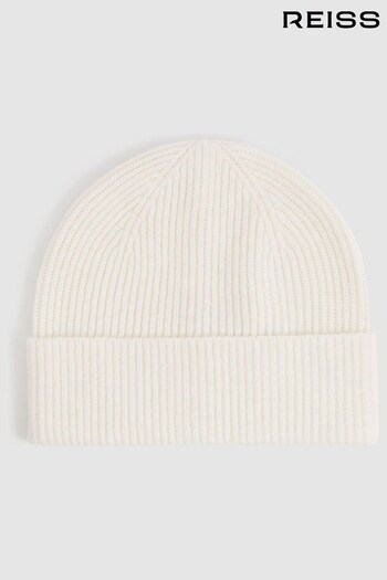 Reiss Ecru Chaise Merino Wool Ribbed Beanie Hat (D61619) | £48