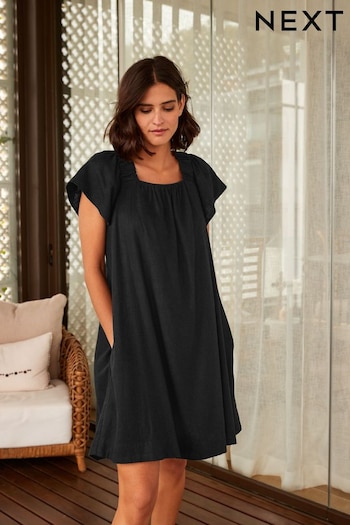 Black Linen Blend Flutter Sleeve Mini Dress (D61781) | £36