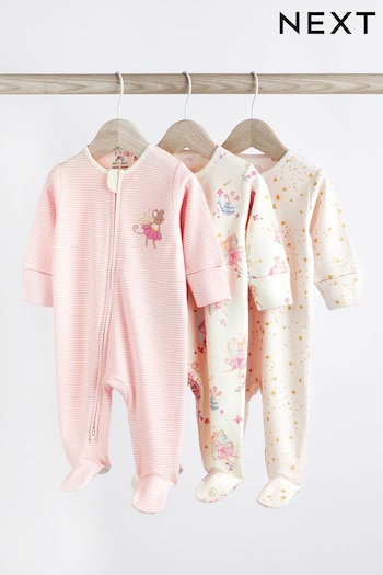 Pale Pink Cotton Baby Zip Sleepsuits 3 Pack (0mths-2yrs) (D61968) | £19 - £21